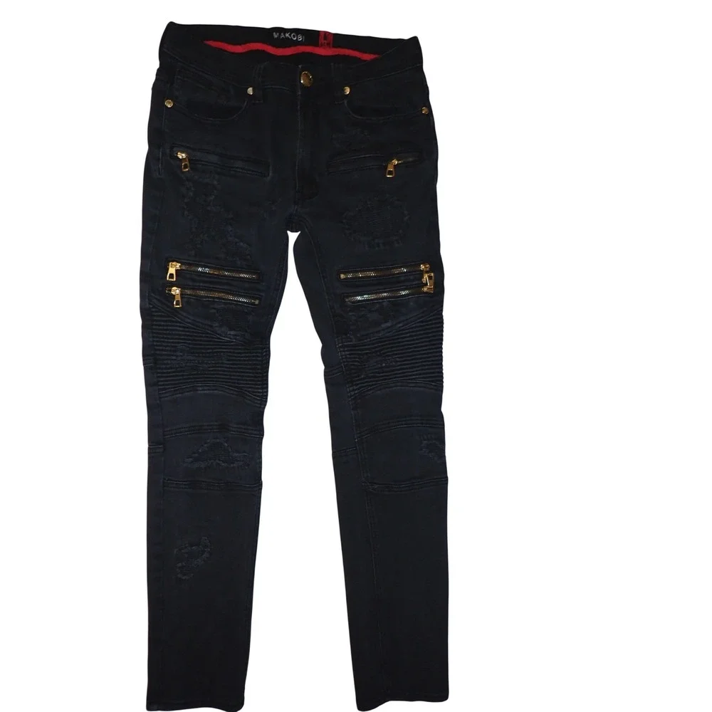 Makobi Mens Biker Moto Jeans Black Distressed Gold Zippers 32x32